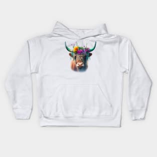 Highland Cow Cut Flowers Colorful Kids Hoodie